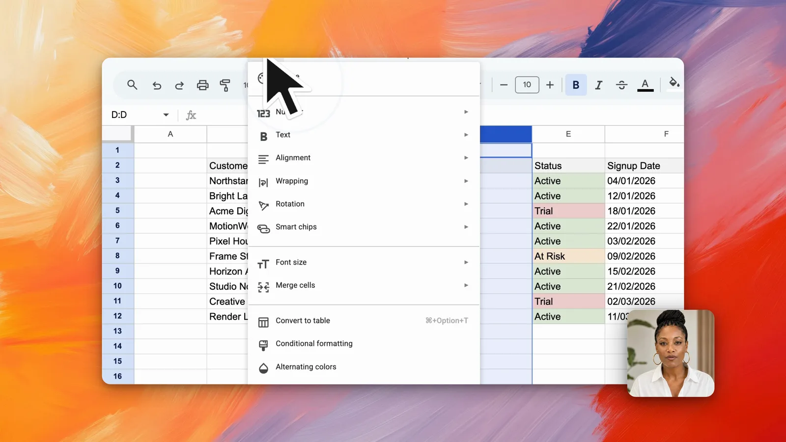 A screen recording of a spreadsheet, with automatic zoom and a camera bubble.