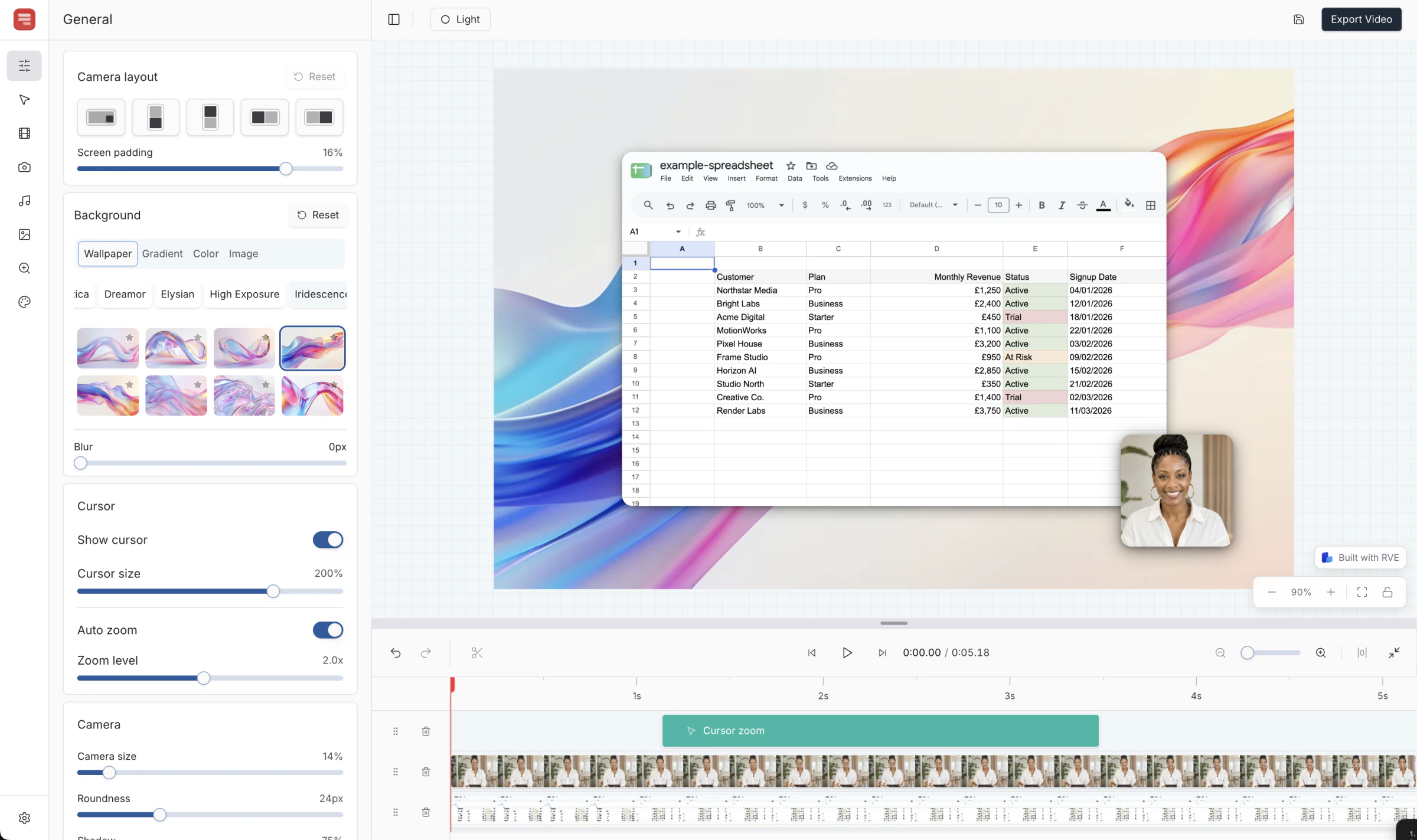 The editor with layout, background, cursor, and camera settings on the left, the preview in the middle, and the timeline below.