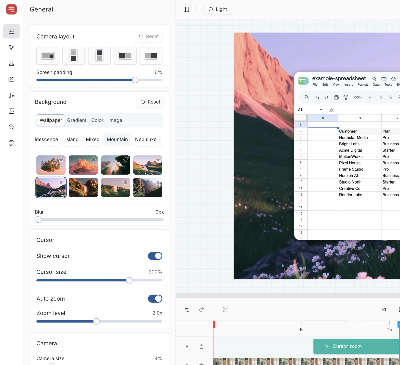The editor, with the layout, background, and cursor settings next to the preview.