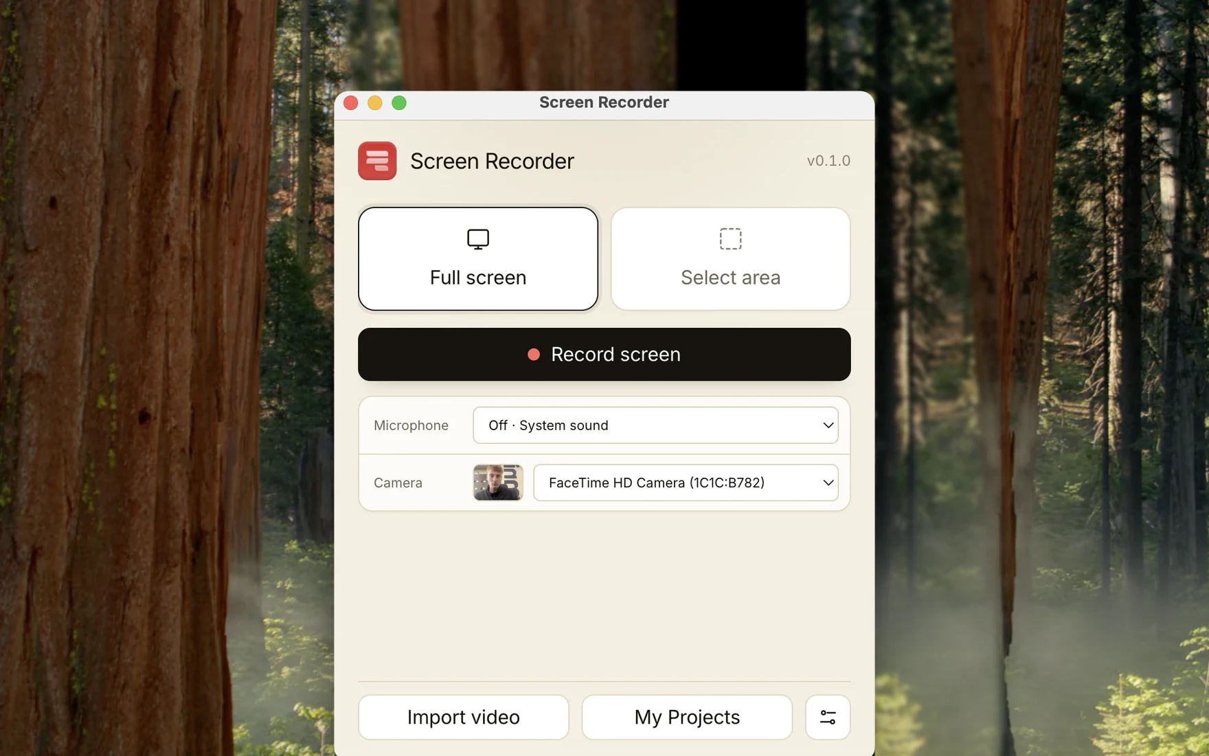 The Screen Recorder start window, with Full screen and Select area.